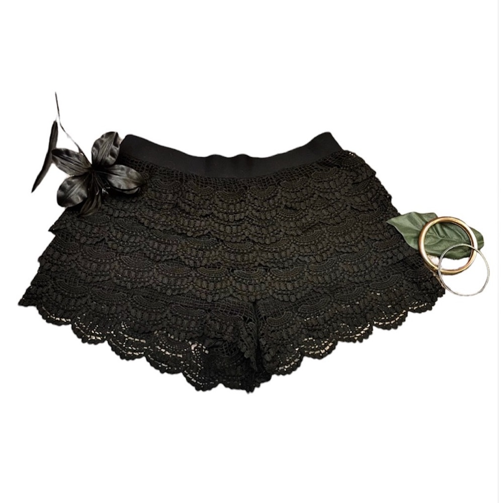 Black Lace Ruffle Shorts Medium Crochet Shorts Layered